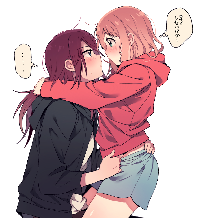 ... 2girls ahoge bang_dream! bangs black_jacket blue_eyes blue_shorts blush eye_contact face-to-face from_side green_eyes hand_on_another's_back hood hood_down hooded_jacket hug jacket long_hair long_sleeves looking_at_another multiple_girls parted_lips pink_hair re_ghotion red_hoodie redhead shorts simple_background spoken_ellipsis sweatdrop translation_request udagawa_tomoe uehara_himari white_background yuri