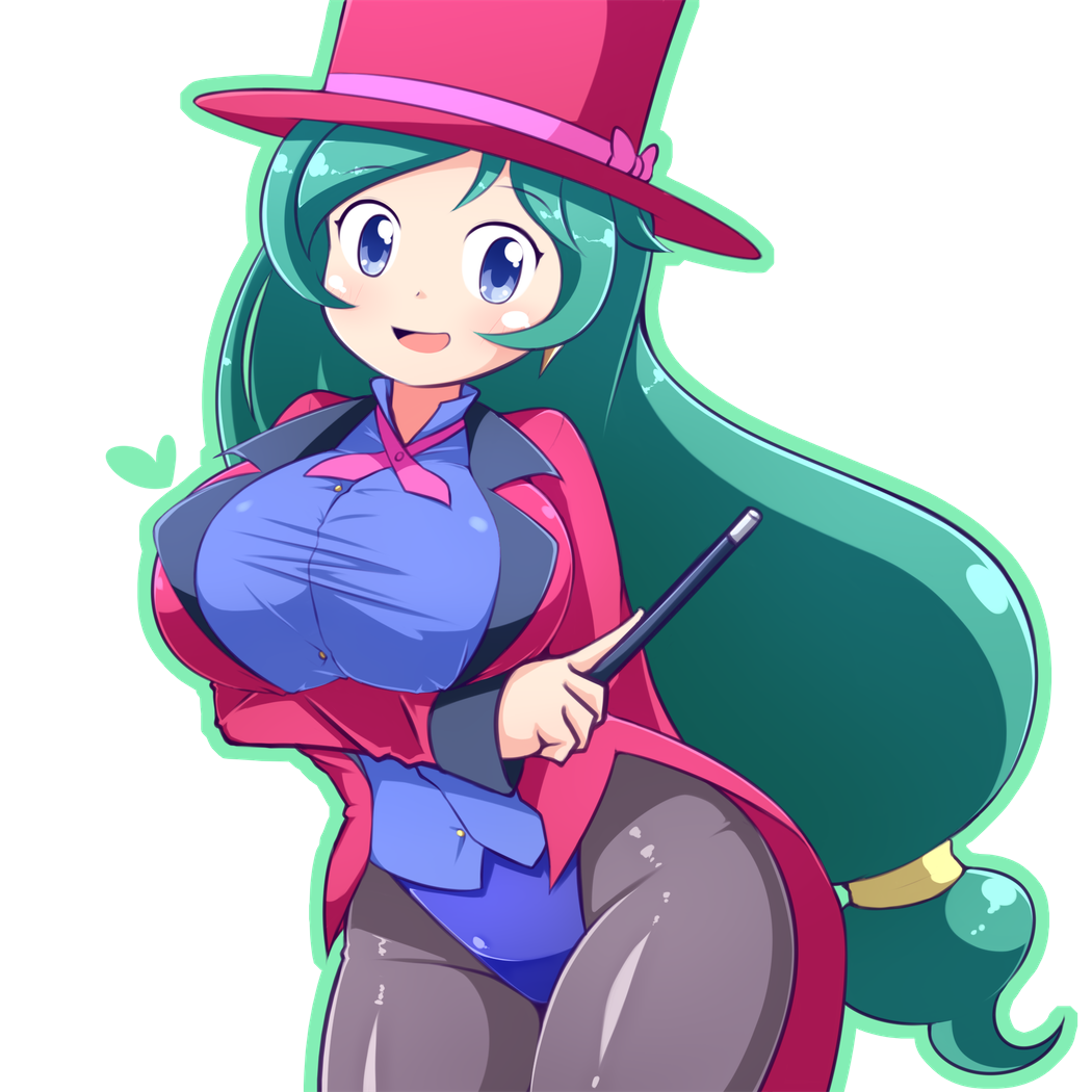 1girl a-ktoo arm_behind_back black_legwear blue_eyes blue_leotard blue_shirt blush breasts breasts_outside collared_shirt commentary_request cowboy_shot earrings eyebrows_visible_through_hair formal gen_4_pokemon gradient green_hair hat hat_ribbon heart huge_breasts jacket jewelry leotard leotard_under_clothes long_hair long_sleeves looking_at_viewer magician necklace open_mouth pantyhose pink_headwear pink_jacket pink_neckwear pokemon pokemon_(anime) pokemon_dp070 pokemon_dppt_(anime) ribbon shirt shizue_(pokemon) simple_background smile suit tailcoat tied_hair top_hat very_long_hair wand white_background yellow_ribbon