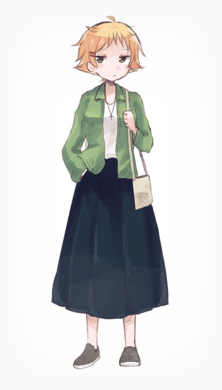 1girl bag black_skirt blonde_hair blouse brown_eyes carrying casual collared_blouse commentary cross cross_necklace erwin_(girls_und_panzer) flats girls_und_panzer green_blouse grey_footwear hair_ornament hairclip hand_in_pocket handbag highres jewelry jimanaka_(yukinosingun) long_skirt looking_at_viewer necklace no_headwear no_legwear open_blouse open_clothes pointy_hair shirt short_hair simple_background skirt solo white_background white_shirt