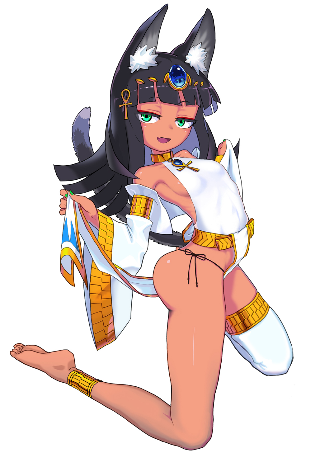 1girl :d animal_ears ass bangs bare_shoulders barefoot black_hair blunt_bangs breasts cat_ears cat_tail circlet dark_skin detached_sleeves egyptian eyeliner green_eyes green_nails hair_ornament hayanye highres looking_at_viewer makeup open_mouth original simple_background single_thighhigh smile solo tail thigh-highs white_background