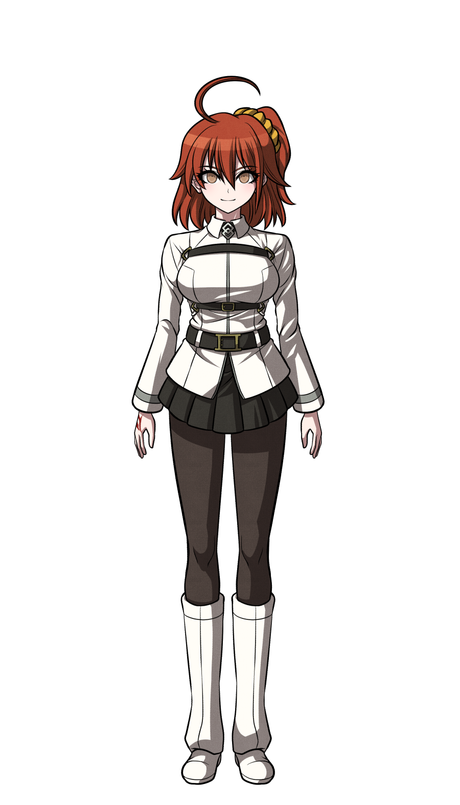 1girl ahoge belt black_legwear black_skirt boots breasts brown_eyes chaldea_uniform dangan_ronpa eyebrows_visible_through_hair fate/grand_order fate_(series) fujimaru_ritsuka_(female) full_body hair_between_eyes hair_ornament hair_scrunchie highres jacket knee_boots komatsuzaki_rui_(style) long_sleeves looking_at_viewer medium_breasts medium_hair miniskirt one_side_up orange_hair pantyhose parody pleated_skirt scrunchie shiny shiny_hair skirt solo standing style_parody transparent_background white_footwear white_jacket yellow_scrunchie yumaru_(marumarumaru)