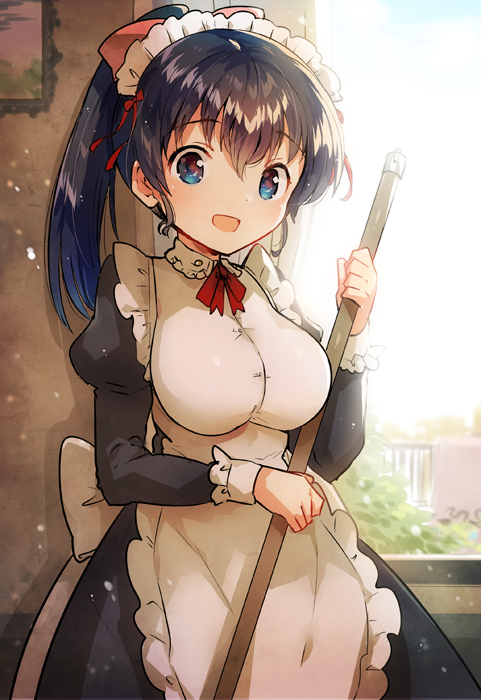 1girl :d apron bangs black_dress black_hair blue_eyes blush bow breasts collared_dress commentary_request day dress eyebrows_visible_through_hair hair_between_eyes hair_bow high_ponytail ichihaya indoors juliet_sleeves long_hair long_sleeves looking_at_viewer maid maid_apron maid_headdress medium_breasts open_mouth original ponytail puffy_sleeves red_bow sidelocks smile solo sunlight white_apron white_bow window