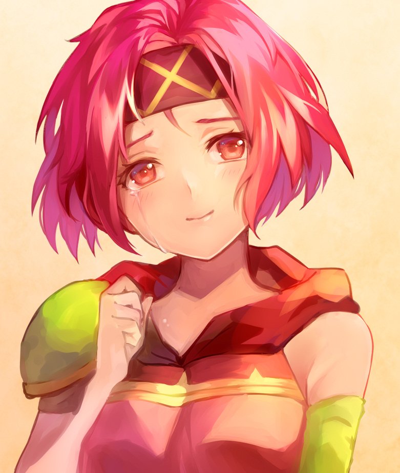 1girl closed_mouth commentary_request crying crying_with_eyes_open fire_emblem fire_emblem:_seima_no_kouseki headband jurge neimi pink_eyes pink_hair short_hair simple_background solo tears upper_body