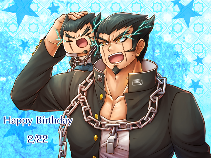 1boy :d beard black_hair black_jacket blue_background chain character_doll collarbone dangan_ronpa doll_on_shoulder facial_hair happy_birthday jacket long_sleeves nidai_nekomaru open_clothes open_jacket open_mouth petting scar scar_across_eye shirt smile solo star super_dangan_ronpa_2 whistle white_shirt yellow_eyes yumaru_(marumarumaru)