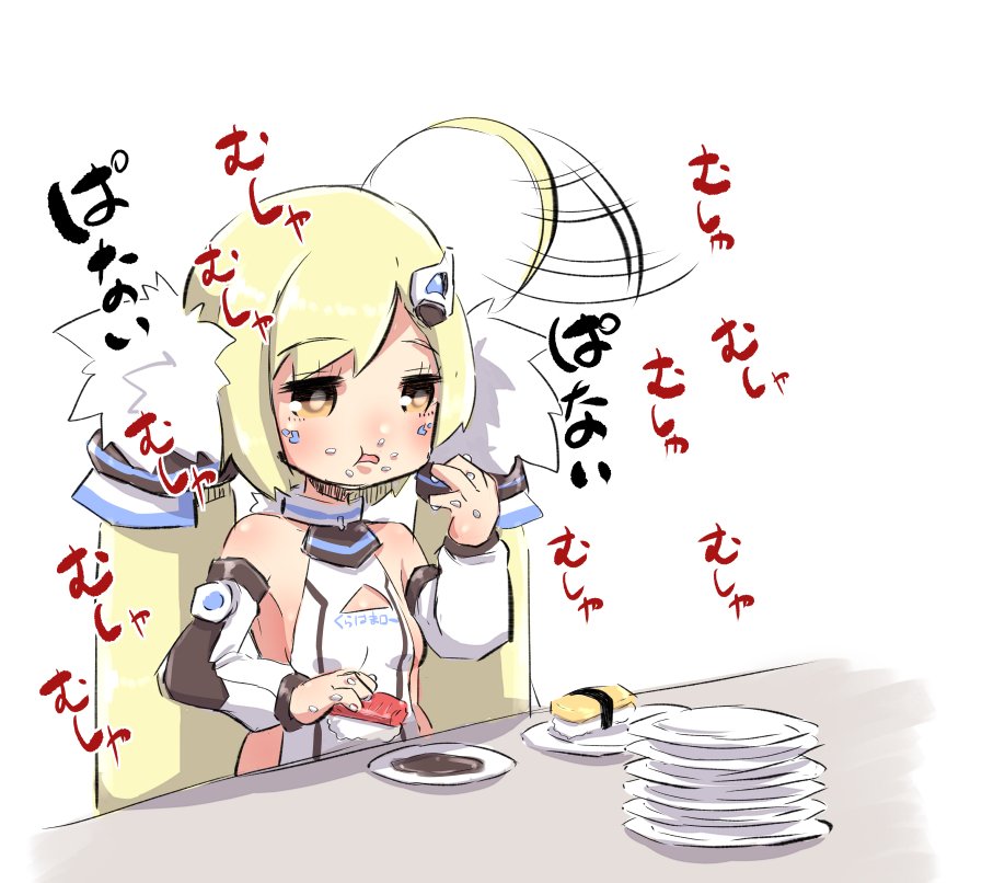 1girl afterimage ahoge ahoge_wag azur_lane bangs blonde_hair blush breasts brown_eyes clothes_writing commentary detached_sleeves dress eldridge_(azur_lane) expressive_hair eyebrows_visible_through_hair facial_mark food food_on_face food_on_finger hair_ornament holding holding_food long_hair plate puffy_short_sleeves puffy_sleeves short_sleeves sleeveless sleeveless_dress small_breasts solo sushi translation_request twintails u-non_(annon'an) upper_body very_long_hair white_dress white_sleeves