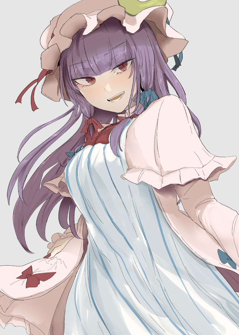 1girl bangs blunt_bangs breasts capelet coat cowboy_shot dress eyebrows_visible_through_hair grey_background hair_ribbon hat hat_ribbon long_hair long_sleeves looking_at_viewer medium_breasts mob_cap nail_polish ne_kuro open_mouth pajamas patchouli_knowledge pink_headwear purple_hair red_eyes red_nails red_neckwear ribbon simple_background solo striped touhou tress_ribbon