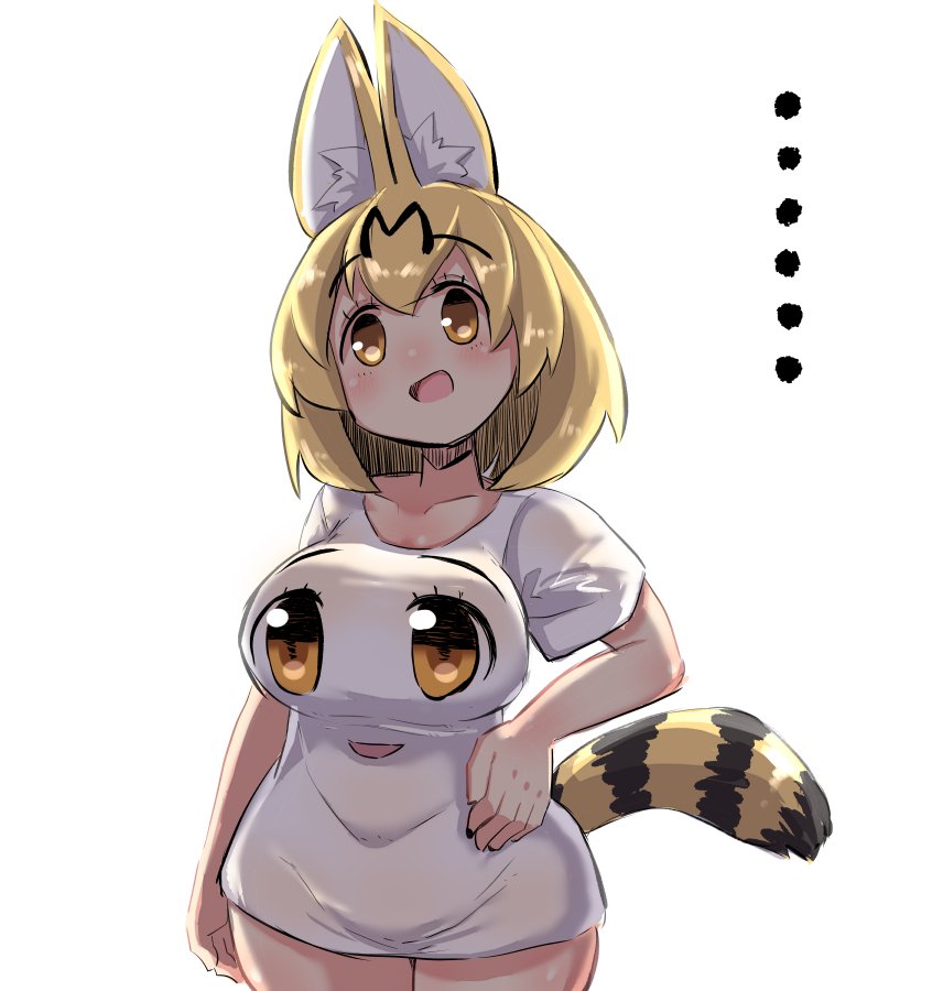 ... 1girl :d alternate_costume animal_ear_fluff animal_ears bangs blonde_hair blush breasts brown_eyes collarbone cowboy_shot eyebrows_visible_through_hair hair_between_eyes hand_on_hip head_tilt impossible_clothes impossible_shirt kemono_friends large_breasts open_mouth print_shirt serval_(kemono_friends) serval_ears serval_tail shirt short_sleeves simple_background smile solo striped_tail tail u-non_(annon'an) white_background white_shirt