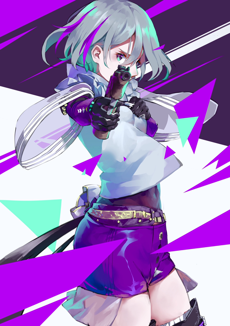 1girl aamond aiming_at_viewer aqua_eyes bangs black_gloves breasts from_side girls_frontline gloves grey_hair grey_shirt gun hand_on_own_chest handgun holding holding_gun holding_weapon looking_at_viewer multicolored_hair navel purple_hair purple_shorts shirt short_hair shorts solo streaked_hair thompson/center_contender thompson/center_contender_(girls_frontline) weapon