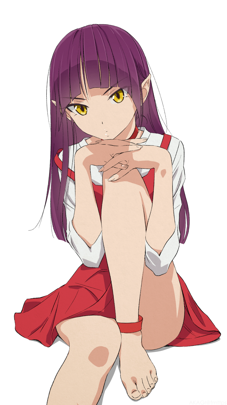 1girl akagi_(fmttps) barefoot choker commentary_request dress eyebrows_visible_through_hair gegege_no_kitarou hair_down highres long_hair long_sleeves looking_at_viewer nekomusume nekomusume_(gegege_no_kitarou_6) pointy_ears purple_hair red_choker red_dress shirt simple_background sitting solo white_background white_shirt yellow_eyes