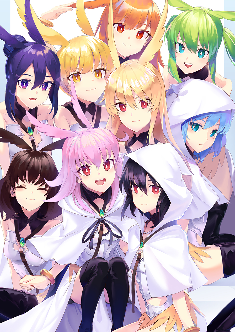 6+girls :d ^_^ aqua_eyes bangle bangs bare_shoulders black_hair black_legwear black_ribbon blue_eyes blue_hair bracelet brown_eyes brown_hair brown_wings capelet closed_eyes closed_mouth collarbone commentary eyebrows_visible_through_hair facing_viewer fate/grand_order fate_(series) feet_out_of_frame green_hair green_wings hair_between_eyes hair_bun head_wings highres hildr_(fate/grand_order) hood hood_down hood_up hooded_capelet jewelry leotard long_hair looking_at_viewer multiple_girls neck_ribbon open_mouth ortlinde_(fate/grand_order) pink_hair pink_wings purple_hair purple_wings red_eyes ribbon sidelocks sitting smile soupchan thigh-highs thrud_(fate/grand_order) twintails upper_teeth valkyrie_(fate/grand_order) violet_eyes white_capelet white_leotard wings yellow_wings