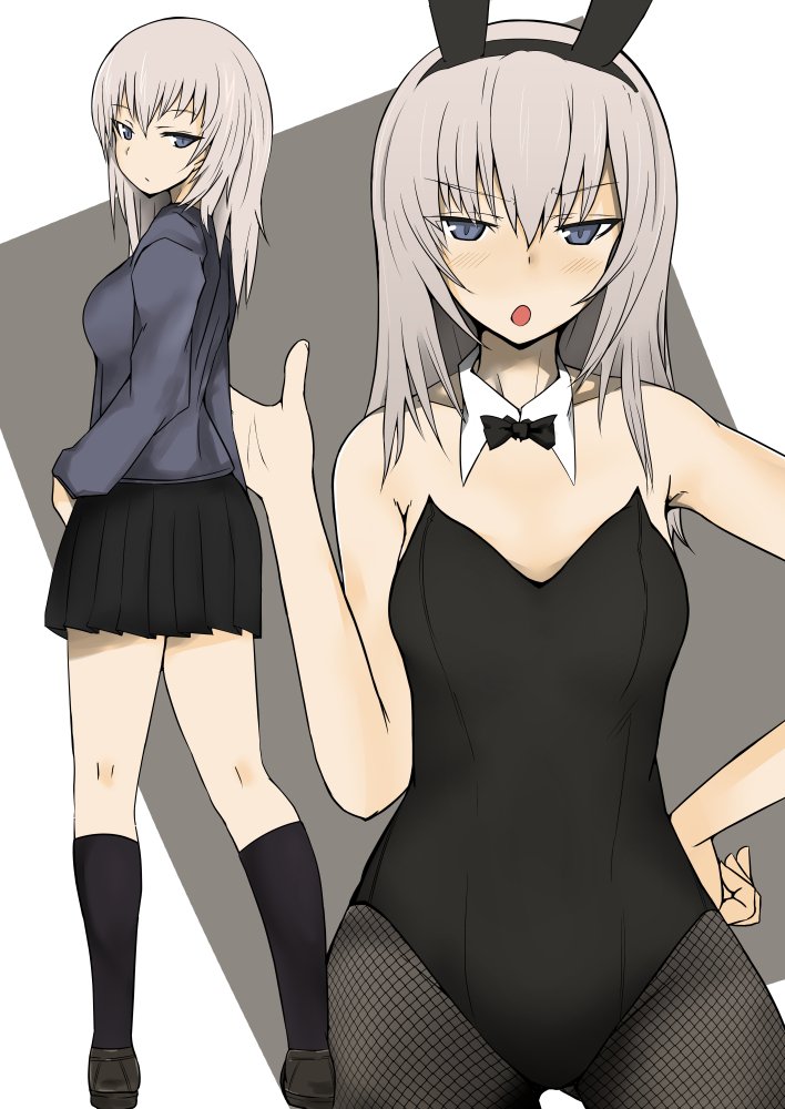 1girl animal_ears bangs black_footwear black_legwear black_leotard black_neckwear black_skirt blue_eyes blush bow bowtie bunnysuit closed_mouth commentary detached_collar dress_shirt eyebrows_visible_through_hair fake_animal_ears fishnet_pantyhose fishnets from_behind frown gesture girls_und_panzer grey_shirt half-closed_eyes hand_on_hip itsumi_erika kneepits kuromorimine_school_uniform leotard loafers long_hair long_sleeves looking_at_viewer looking_back miniskirt multiple_views ngc20701 open_mouth pantyhose pleated_skirt rabbit_ears school_uniform shirt shoes silver_hair skirt socks standing strapless strapless_leotard