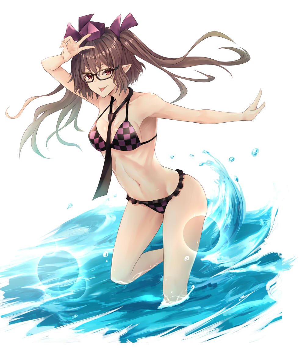1girl :p arm_up bangs bare_arms bare_shoulders bespectacled bikini black-framed_eyewear black_bikini black_neckwear breasts brown_hair checkered checkered_bikini collarbone commentary_request glasses hair_ribbon hat himekaidou_hatate lens_flare long_hair looking_at_viewer medium_breasts nabeshima_tetsuhiro navel necktie purple_bikini purple_ribbon ribbon simple_background smile solo standing stomach swimsuit thighs tokin_hat tongue tongue_out touhou twintails v violet_eyes wading water white_background