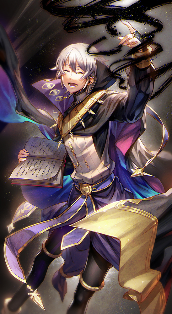 1boy belt belt_buckle black_gloves black_legwear book buckle cape casting casting_spell closed_eyes commentary_request finger_gloves fire_emblem fire_emblem:_kakusei gloves hair_between_eyes henry_(fire_emblem) holding holding_book hotaruika_niji light magic male_focus open_book open_mouth smile solo spell white_hair