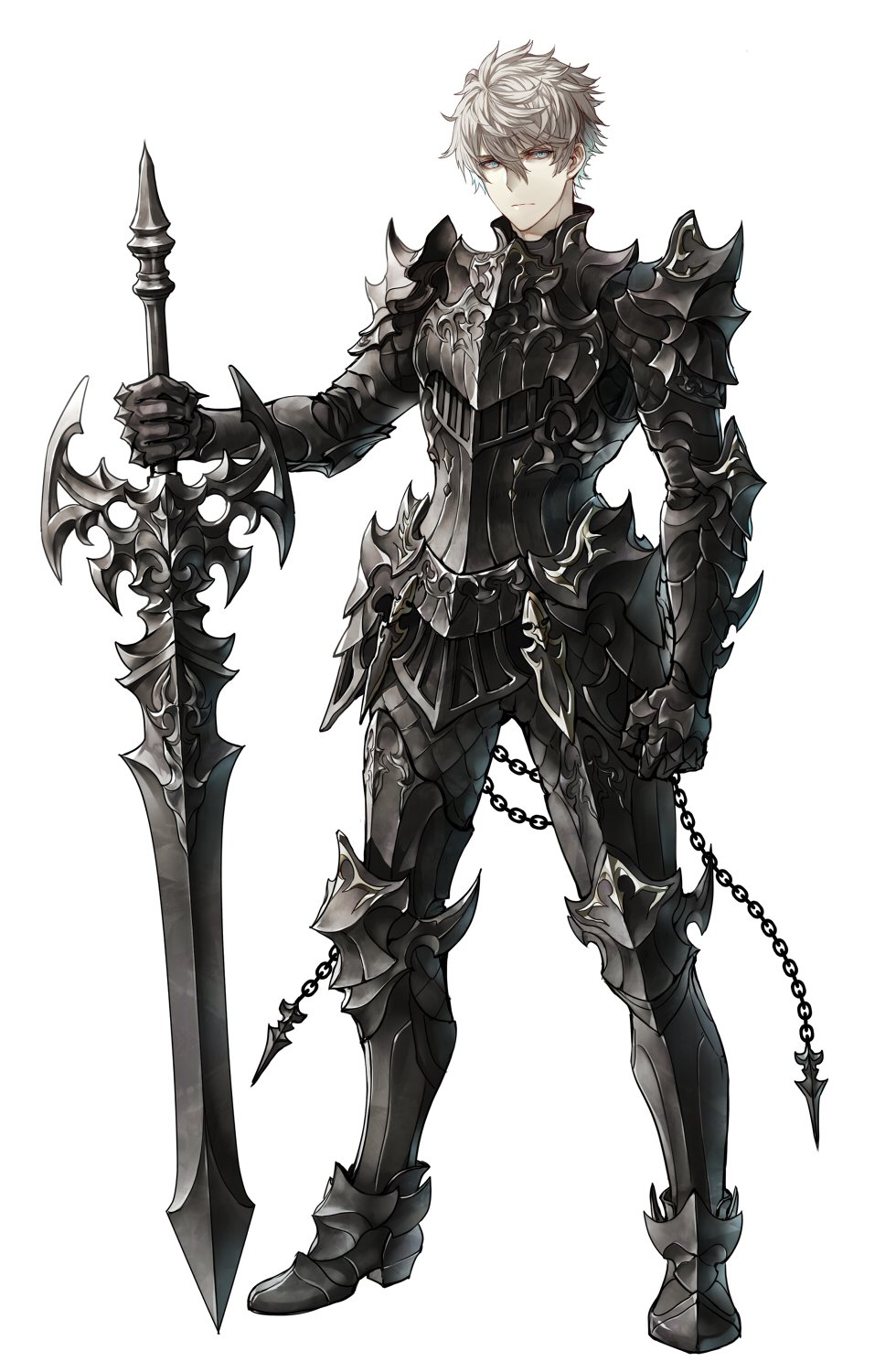 1boy armor blue_eyes chain clenched_hand commentary_request gauntlets greaves hair_between_eyes highres holding holding_sword holding_weapon male_focus original pauldrons scale_armor senano-yu simple_background solo spikes standing sword vambraces weapon white_background white_hair