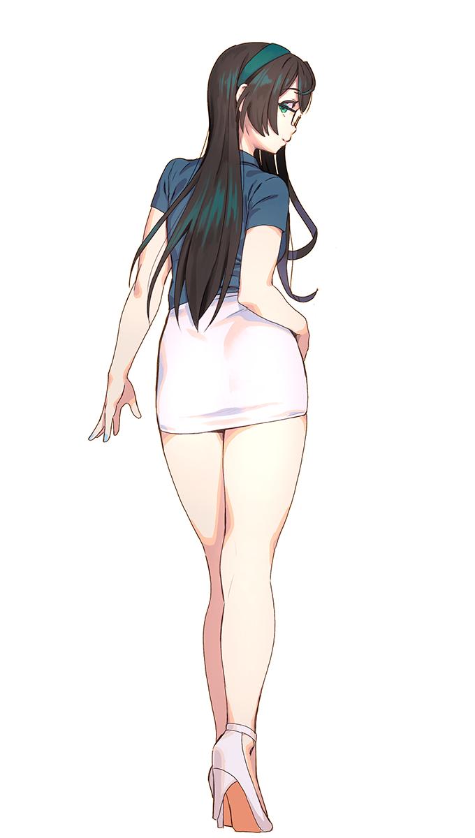 1girl alternate_costume ass back bangs black_hair closed_mouth commentary_request eyebrows_visible_through_hair from_behind full_body glasses green_eyes hair_between_eyes hairband high_heels highres kantai_collection legs long_hair looking_at_viewer looking_back miniskirt ooyodo_(kantai_collection) pencil_skirt profile shirt simple_background skirt smile solo standing thighs white_background yuuji_(and)