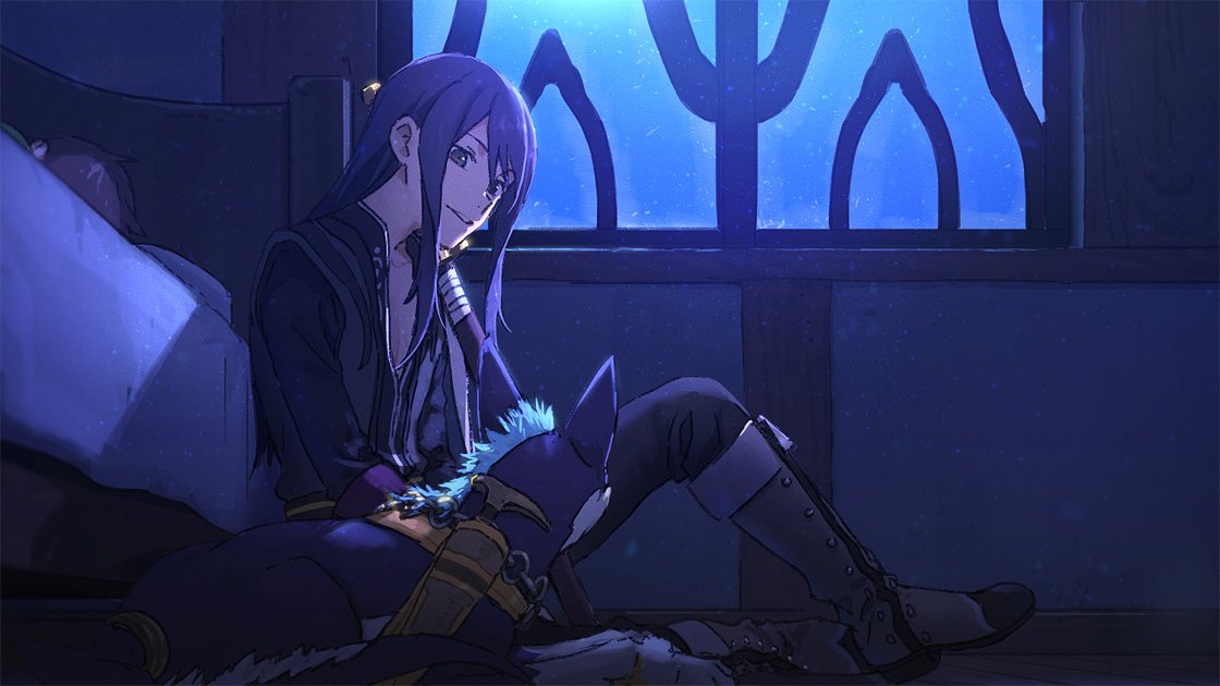 1boy artist_request bed black_eyes black_hair boots bracelet dog grey_footwear jewelry knee_boots long_hair looking_at_viewer male_focus night repede smile solo tales_of_(series) tales_of_vesperia window yuri_lowell