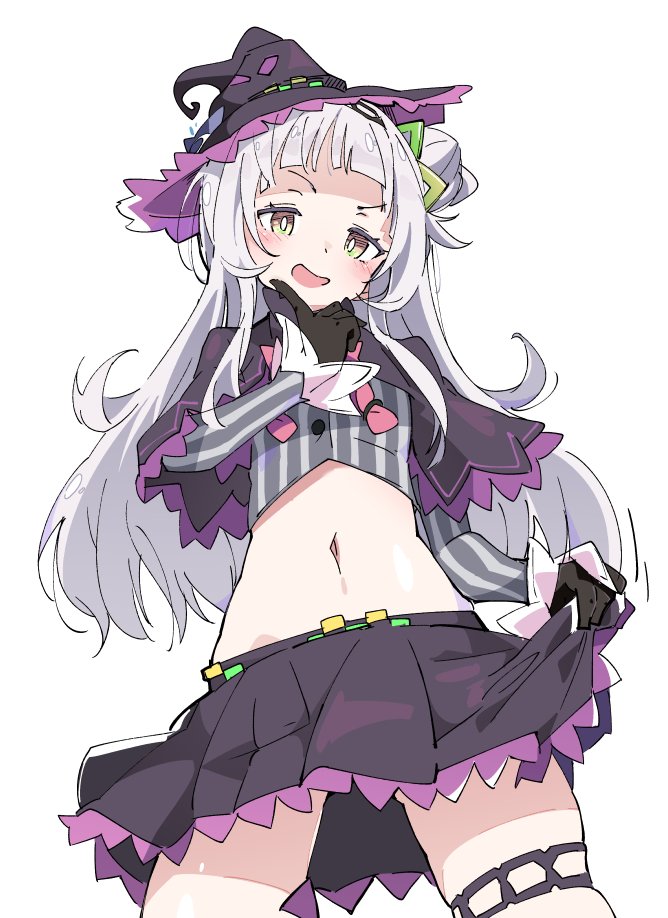 1girl belly belt black_gloves blush capelet commentary_request crop_top gloves hair_bun hair_ornament hat hime_cut hololive ixy long_hair looking_at_viewer midriff murasaki_shion navel open_mouth silver_hair simple_background solo virtual_youtuber white_background witch_hat yellow_eyes