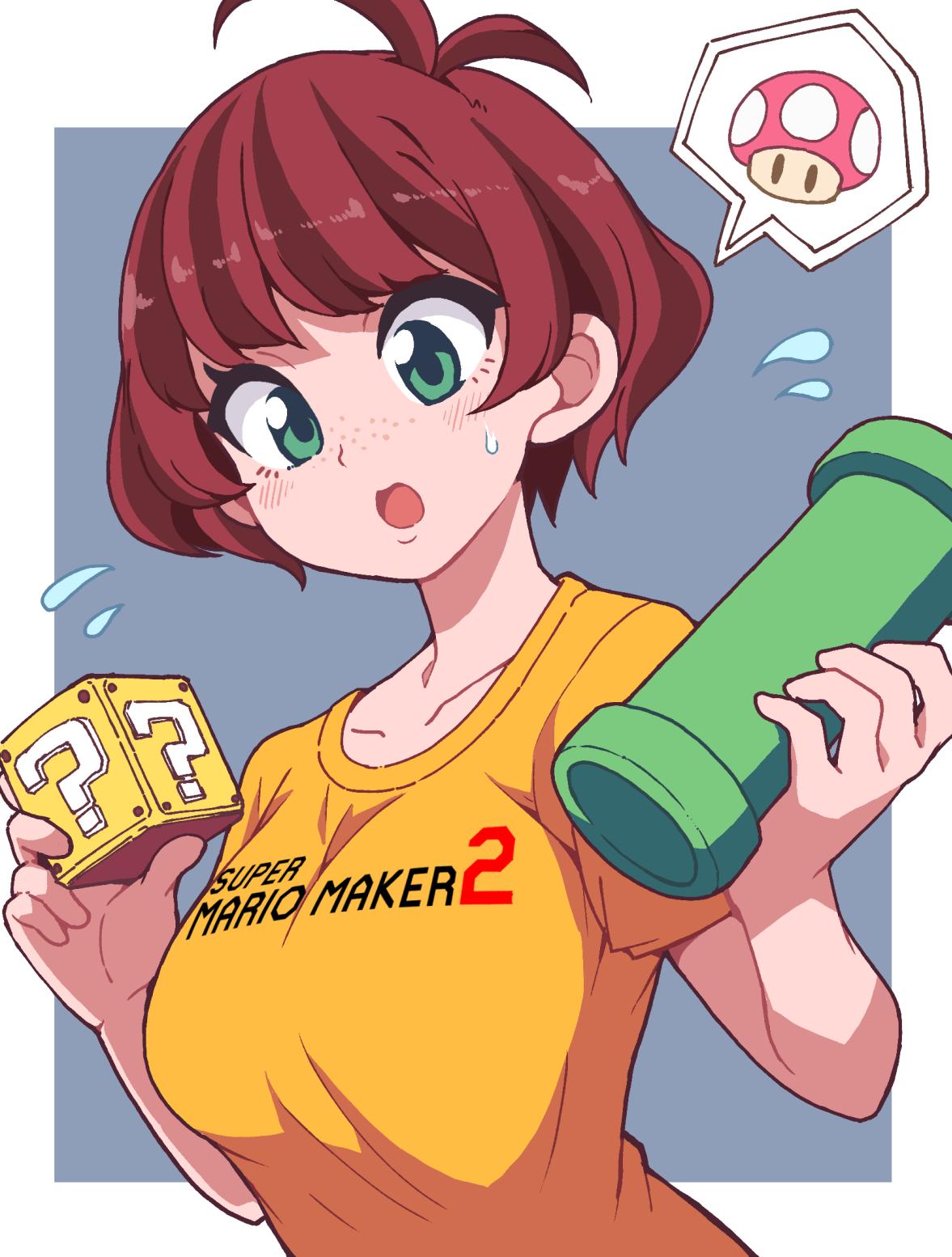 1girl ?_block antenna_hair brown_hair flying_sweatdrops freckles green_eyes grey_background highres super_mario_bros. nazonazo_(nazonazot) nina_(mario) shirt simple_background solo spoken_mushroom super_mario_maker_2 super_mushroom t-shirt upper_body warp_pipe