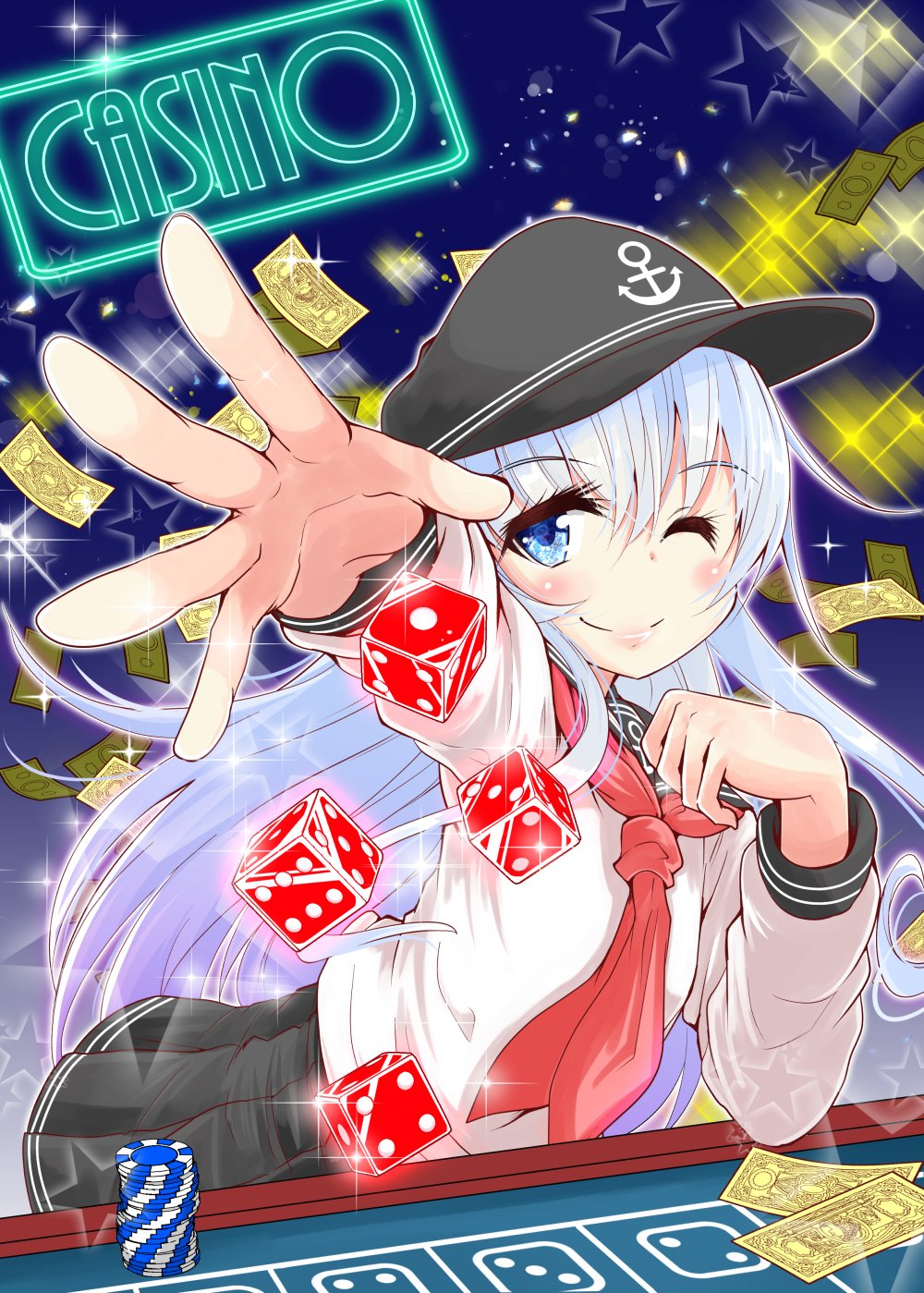 1girl anchor_symbol black_legwear black_sailor_collar black_skirt blue_background blue_eyes cowboy_shot dice flat_cap foreshortening gradient gradient_background hat hibiki_(kantai_collection) highres kantai_collection long_hair long_sleeves looking_at_viewer money neckerchief nyonyonba_tarou one_eye_closed pleated_skirt poker_chip red_neckwear sailor_collar school_uniform serafuku silver_hair skirt smile solo table