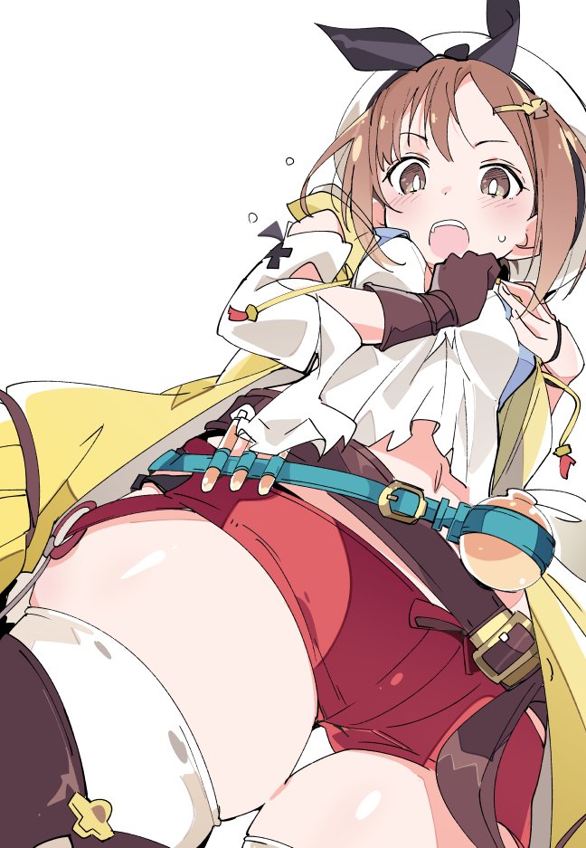 1girl atelier_(series) atelier_ryza belt blush boots breasts brown_eyes brown_gloves brown_hair commentary cowboy_shot from_below gloves hair_ornament hairclip hat ixy looking_at_viewer medium_breasts navel open_mouth red_shorts reisalin_stout round-bottom_flask shirt short_hair short_shorts shorts simple_background single_glove skindentation solo thigh-highs thigh_boots thigh_gap vial white_background white_headwear white_shirt
