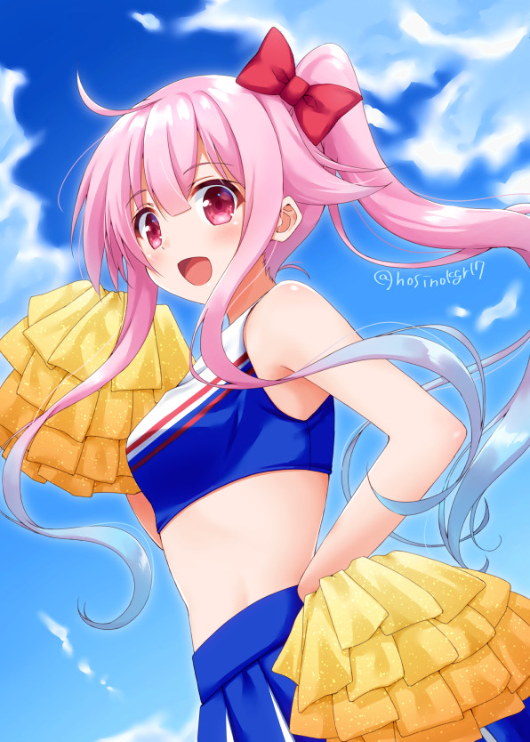 1girl :d bangs blue_skirt blue_sky bow cheerleader clouds crop_top eyebrows_visible_through_hair floating_hair from_below ganbare_ganbare_(itou_life) hair_between_eyes hair_bow hand_on_hip harusame_(kantai_collection) hoshino_kagari kantai_collection long_hair midriff miniskirt open_mouth pink_hair pleated_skirt pom_poms red_bow red_eyes shiny shiny_hair shiny_skin side_ponytail sidelocks skirt sky sleeveless smile solo stomach twitter_username very_long_hair