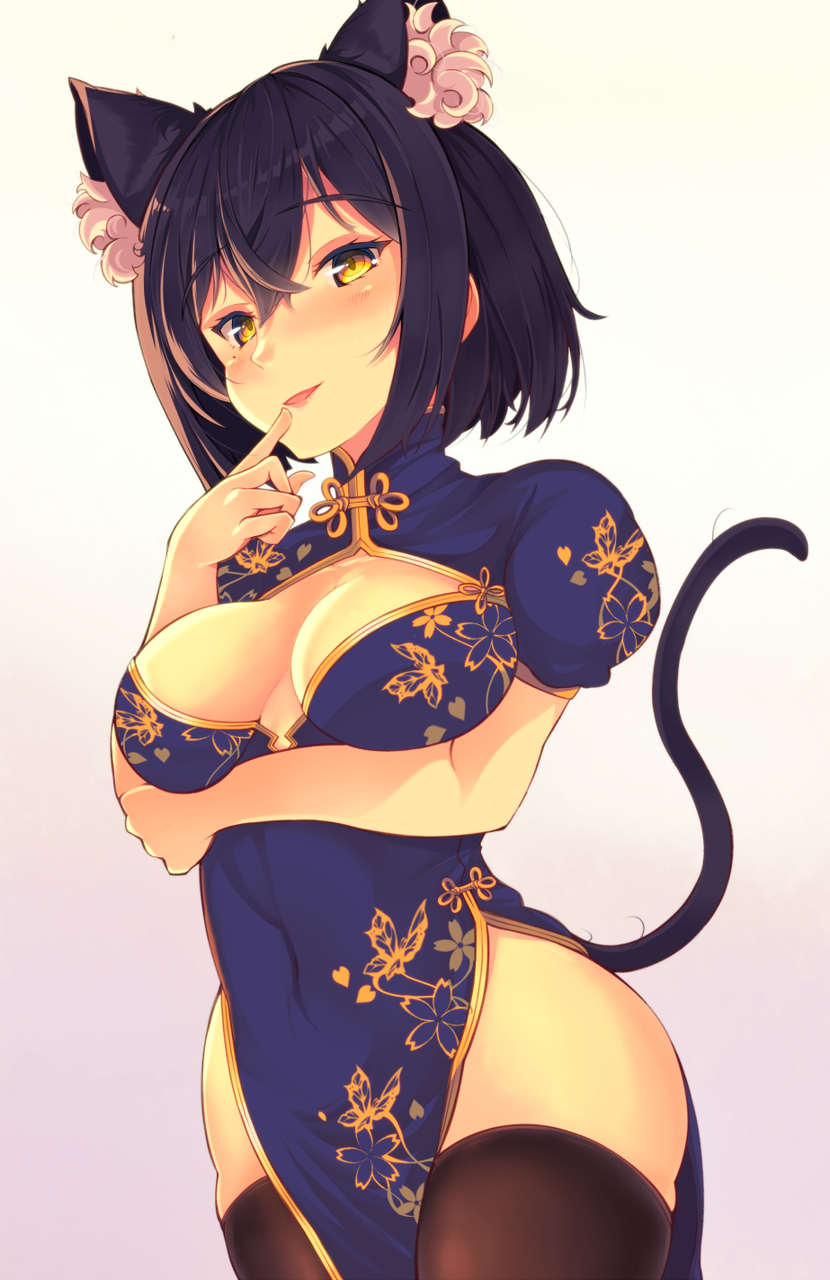 1girl :d animal_ear_fluff animal_ears arm_under_breasts bangs blue_dress blue_hair blush bow breasts cat_ears cat_tail china_dress chinese_clothes cleavage_cutout commentary_request cowboy_shot dress eyebrows_visible_through_hair finger_to_mouth highres looking_at_viewer mizuyoukan_(mikususannda) mole mole_under_eye nijisanji open_mouth pelvic_curtain puffy_short_sleeves puffy_sleeves shizuka_rin short_hair short_sleeves skindentation smile solo tail virtual_youtuber yellow_eyes