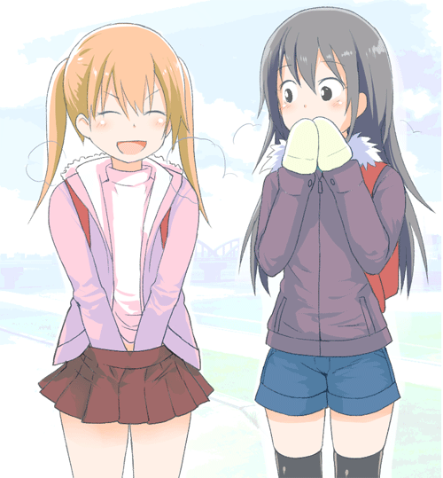 2girls :d backpack bag bangs black_eyes black_hair black_legwear blue_shorts blue_sky blush brown_hair brown_jacket brown_skirt closed_eyes clouds copyright_request covered_mouth day eyebrows_visible_through_hair fujisaka_lyric green_mittens hair_between_eyes hand_under_clothes hand_under_skirt jacket long_hair mittens multiple_girls open_clothes open_jacket open_mouth outdoors pleated_skirt purple_jacket shirt short_shorts shorts skindentation skirt sky smile thigh-highs twintails v-shaped_eyebrows very_long_hair white_shirt