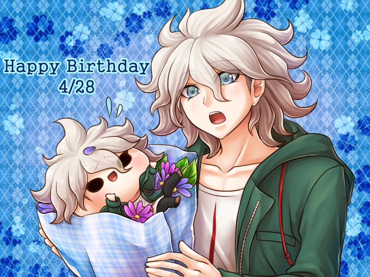 1boy bag blue_eyes character_doll coat collarbone dangan_ronpa eyebrows_visible_through_hair green_coat hair_between_eyes happy_birthday holding holding_bag hood hood_down hooded_coat komaeda_nagito male_focus open_clothes open_coat open_mouth paper_bag shirt silver_hair solo super_dangan_ronpa_2 upper_body white_shirt yumaru_(marumarumaru)