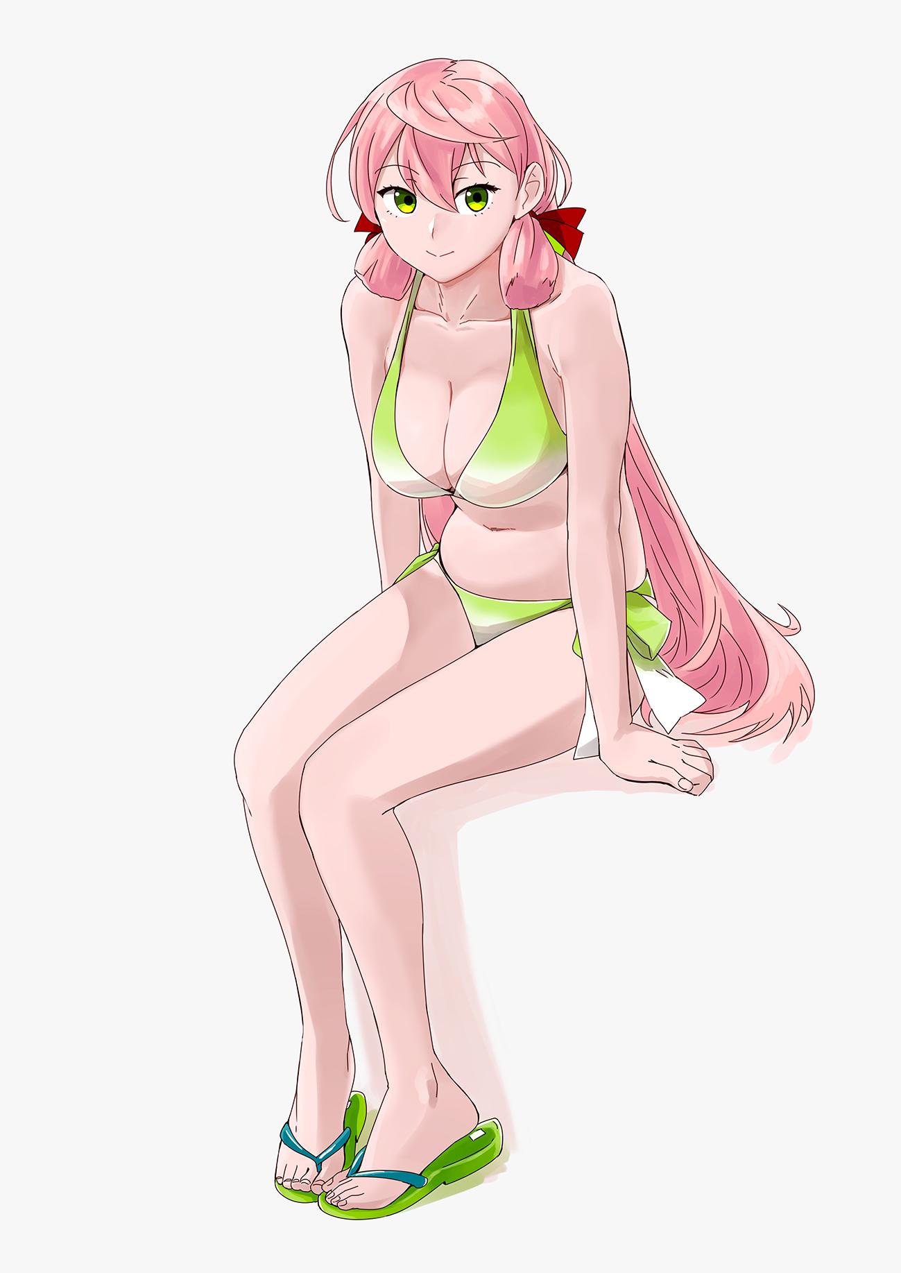 1girl akashi_(kantai_collection) bad_id bad_twitter_id bangs bare_shoulders bikini breasts closed_mouth collarbone commentary eyebrows_visible_through_hair flip-flops green_eyes hair_between_eyes hair_ribbon highres kantai_collection large_breasts long_hair looking_at_viewer navel ojipon pink_hair ribbon sandals side-tie_bikini simple_background sitting smile solo swimsuit symbol_commentary tress_ribbon white_background