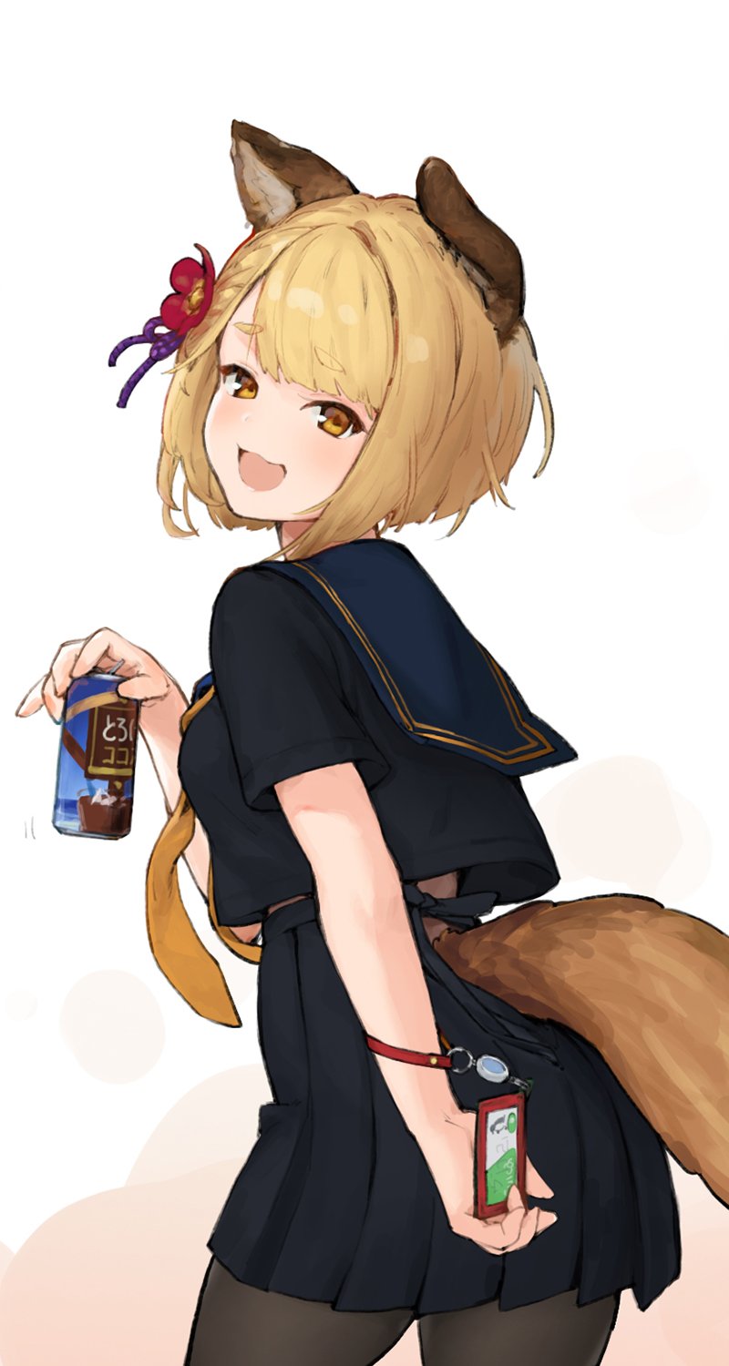 :3 :d alternate_costume animal_ears blonde_hair can coffee commentary_request dog_ears erune eyebrows_visible_through_hair flower granblue_fantasy hair_flower hair_ornament highres open_mouth pantyhose pleated_skirt school_uniform shk955 short_hair skirt smile tail vajra_(granblue_fantasy) white_background yellow_eyes