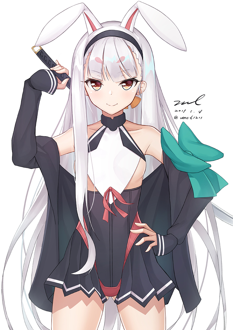 1girl animal_ears aqua_bow ass_visible_through_thighs azur_lane bare_shoulders black_dress black_jacket bow breasts brown_eyes collarbone cowboy_shot dated dress hairband hand_on_hip hand_up highleg holding holding_sword holding_weapon jacket long_hair long_sleeves looking_at_viewer off_shoulder rabbit_ears red_ribbon ribbon shimakaze_(azur_lane) signature simple_background small_breasts smile solo standing sword thighs twitter_username unel very_long_hair weapon white_background white_hair