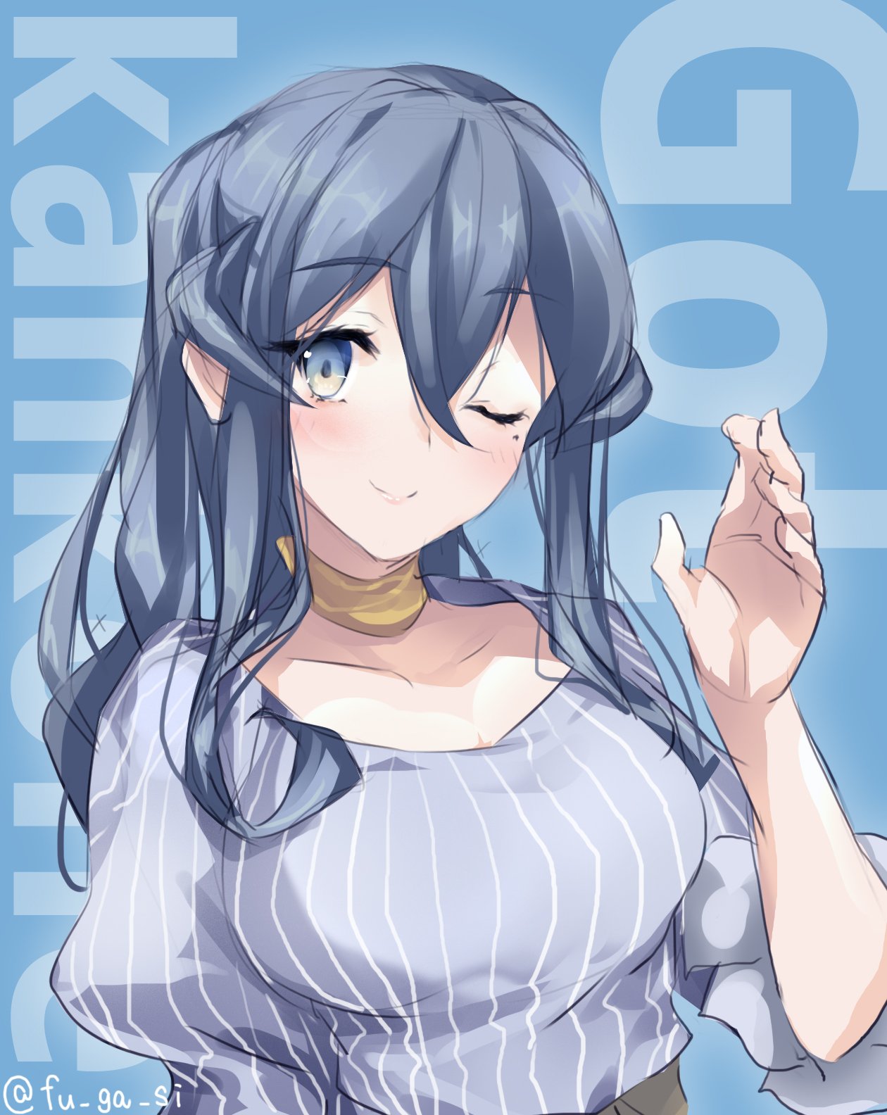 1girl blouse blue_background blue_blouse blue_eyes blue_hair character_name choker commentary_request copyright_name fugafugashi gotland_(kantai_collection) highres kantai_collection long_hair looking_at_viewer mole mole_under_eye one_eye_closed open_hand ponytail sidelocks smile solo striped_blouse twitter_username upper_body yellow_choker