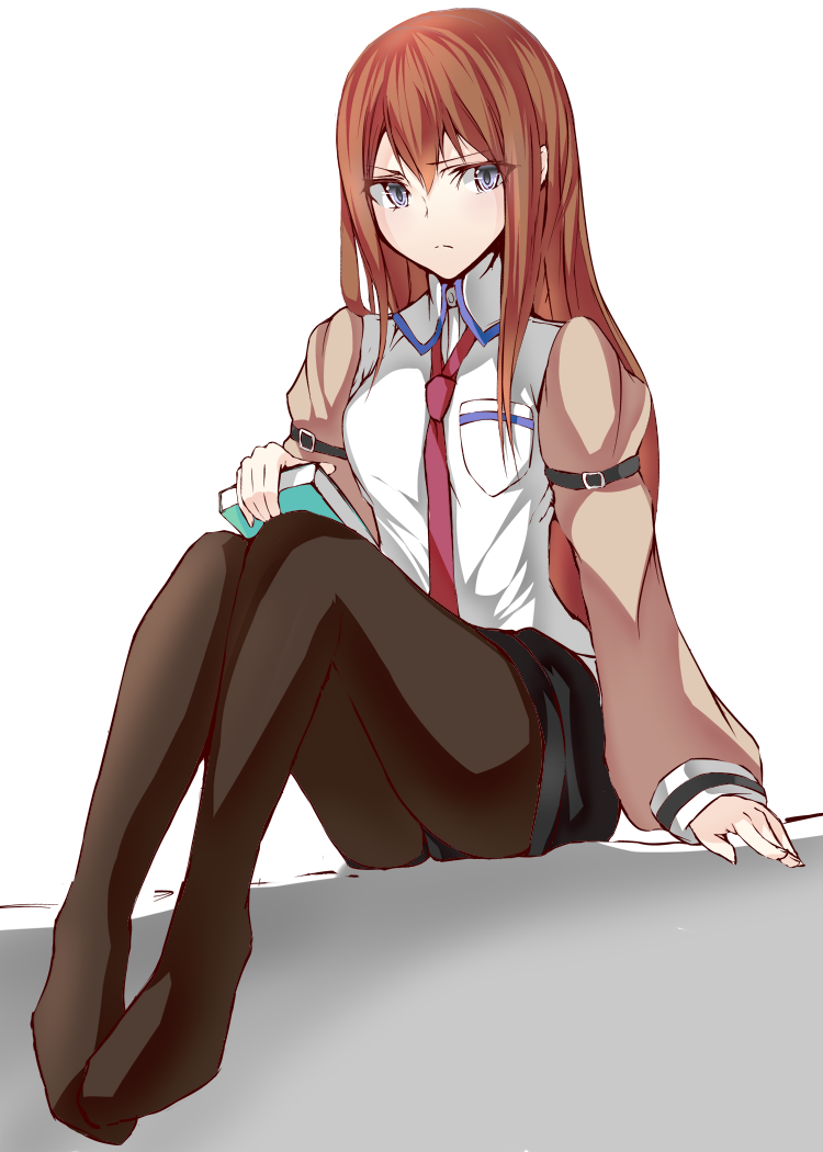 1girl bangs black_legwear blue_eyes book brown_hair closed_mouth commentary_request dress_shirt hair_between_eyes holding holding_book jacket legwear_under_shorts long_hair looking_at_viewer makise_kurisu necktie no_shoes off_shoulder pantyhose red_neckwear shirt short_shorts shorts simple_background sitting solo steins;gate umeo_retto white_background white_shirt