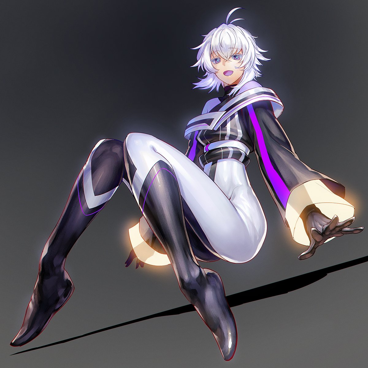1girl ahoge black_gloves black_legwear boots commentary_request eyebrows_visible_through_hair gloves glowing gradient gradient_background hair_between_eyes highres hotaruika_niji open_mouth original see-through short_hair silver_hair smile solo tight turtleneck violet_eyes
