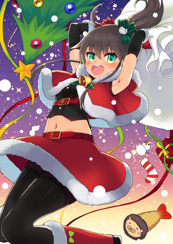 1girl :d ahoge arm_warmers armpits arms_up bangs bell belt belt_buckle black_legwear black_shirt blush boots box buckle candy candy_cane capelet christmas_ornaments christmas_stocking christmas_tree crop_top elbow_gloves eyebrows_visible_through_hair food fur-trimmed_boots fur-trimmed_capelet fur-trimmed_gloves fur-trimmed_hood fur-trimmed_skirt fur_trim gift gift_box gloves green_eyes hair_between_eyes hair_ornament hair_ribbon holding holding_sack hololive hood hood_down hooded_capelet knee_boots looking_at_viewer midriff minamura_haruki natsuiro_matsuri navel night night_sky open_mouth pantyhose red_belt red_capelet red_footwear red_gloves red_skirt ribbon round_teeth sack santa_boots santa_costume shirt side_ponytail skirt sky smile snowing snowman solo star_(sky) starry_sky striped teeth upper_teeth virtual_youtuber