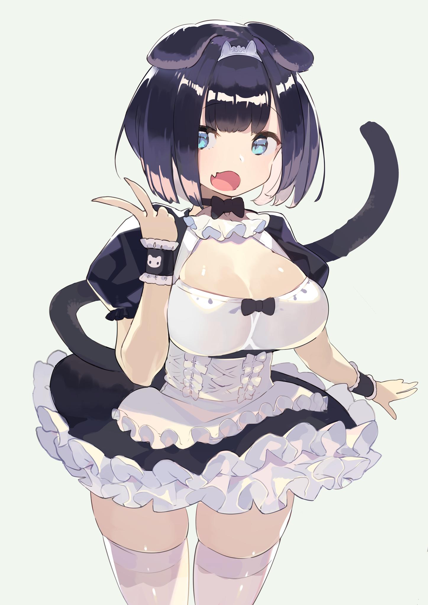 animal_ears apron bangs black_bow black_hair black_skirt blush bow bow_choker breasts breasts_apart choker commentary cowboy_shot dog_ears fang frills grey_background hair_over_eyes hajime_(hajime-ill-1st) highres large_breasts maid miniskirt open_mouth original short_hair simple_background skin_fang skindentation skirt standing tail thigh-highs v waist_apron white_legwear wristband