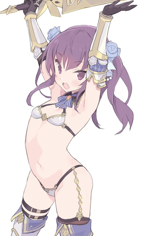 1girl alice_gear_aegis armor armpits arms_up bangs bare_shoulders bikini bikini_armor blade_(galaxist) blue_flower blue_ribbon blue_rose blush bow breasts brown_gloves commentary_request eyebrows_visible_through_hair flower gloves grey_bikini hair_between_eyes hair_bow hair_ribbon holding holding_sword holding_weapon ichijou_ayaka long_hair open_mouth purple_hair ribbon rose simple_background small_breasts solo swimsuit sword thigh-highs thigh_strap twintails violet_eyes weapon white_background white_legwear