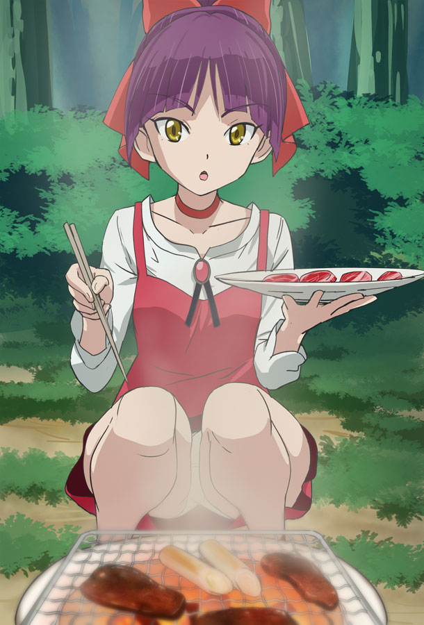 1girl bow choker collarbone dress eyebrows_visible_through_hair food gegege_no_kitarou hair_bow haruyama_kazunori long_sleeves looking_at_viewer meat nekomusume nekomusume_(gegege_no_kitarou_6) panties pantyshot pantyshot_(squatting) purple_hair red_bow red_choker red_dress shirt short_hair solo squatting underwear white_panties white_shirt yellow_eyes