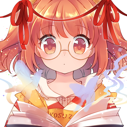 1girl apron bangs bespectacled book bug butterfly character_name checkered checkered_kimono clothes_writing commentary_request eyebrows_visible_through_hair glasses insect japanese_clothes kimono light_particles looking_at_viewer lowres motoori_kosuzu orange_eyes orange_hair portrait red_ribbon ribbon round_eyewear sen1986 shirt short_hair simple_background solo touhou two_side_up white_background white_shirt yellow_apron