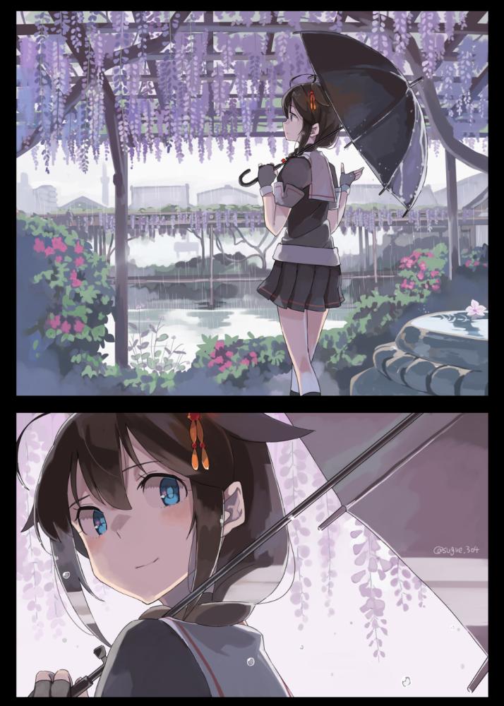 1girl ahoge bangs black_gloves black_legwear blue_eyes blush braid brown_hair building bush closed_mouth commentary_request day fingerless_gloves flower fountain gloves hair_flaps kantai_collection multiple_views outdoors plant pleated_skirt rain remodel_(kantai_collection) sailor_collar school_uniform serafuku shigure_(kantai_collection) short_sleeves single_braid skirt smile sugue_tettou twitter_username umbrella water water_drop wisteria