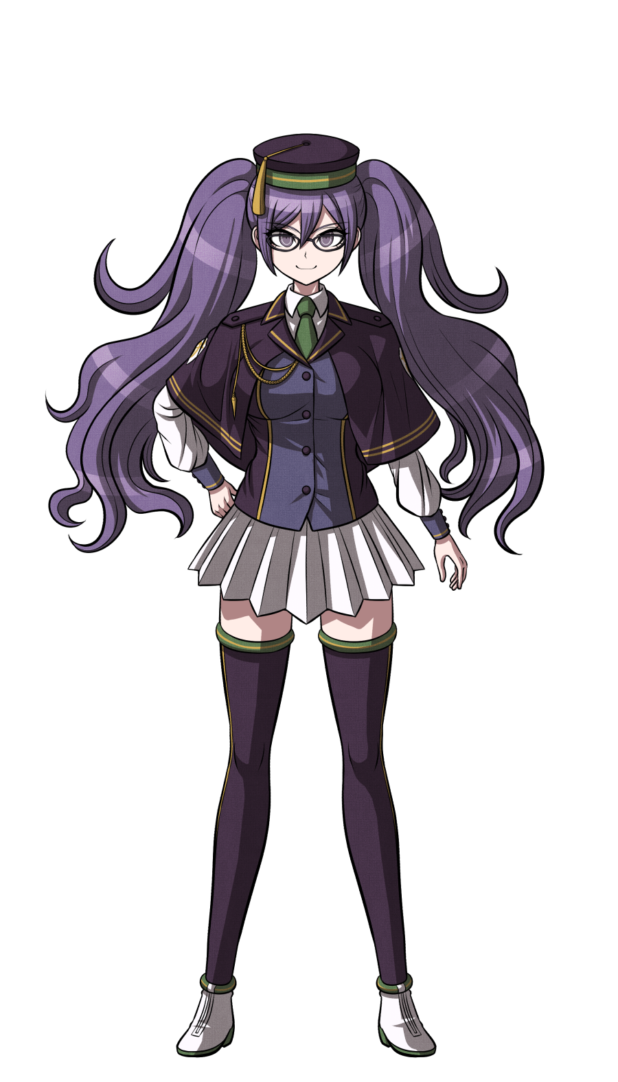 1girl alternate_costume black-framed_eyewear collared_shirt dangan_ronpa eyebrows_visible_through_hair floating_hair full_body glasses green_neckwear grey_eyes hair_between_eyes hand_on_hip hat highres komatsuzaki_rui_(style) long_hair long_sleeves looking_at_viewer melty_blood miniskirt necktie parody pleated_skirt purple_capelet purple_hair purple_headwear purple_legwear shiny shiny_hair shirt sion_eltnam_atlasia skirt smile solo standing style_parody thigh-highs transparent_background tsukihime very_long_hair white_footwear white_shirt white_skirt wing_collar yumaru_(marumarumaru) zettai_ryouiki