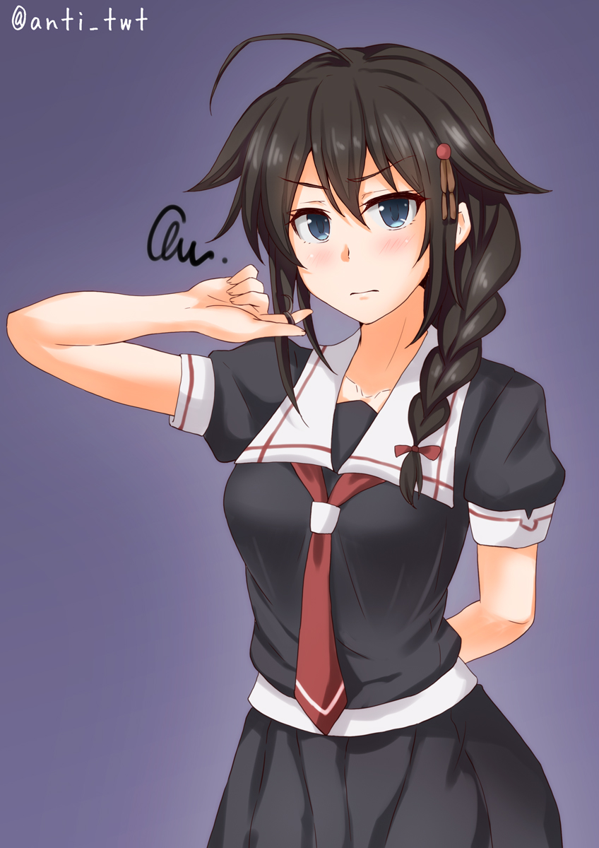 1girl ahoge anti_(untea9) arm_behind_back black_hair black_serafuku black_skirt blue_background blue_eyes braid commentary_request cowboy_shot hair_flaps hair_over_shoulder hair_ribbon highres kantai_collection long_hair looking_at_viewer neckerchief pleated_skirt red_neckwear remodel_(kantai_collection) ribbon school_uniform serafuku shigure_(kantai_collection) simple_background single_braid skirt solo squiggle twitter_username unamused