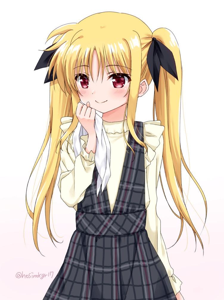 1girl black_bow black_skirt blonde_hair bow fate_testarossa hair_bow holding holding_ribbon hoshino_kagari long_hair long_sleeves lyrical_nanoha mahou_shoujo_lyrical_nanoha plaid plaid_skirt red_eyes ribbon shiny shiny_hair shirt simple_background skirt solo standing suspender_skirt suspenders twintails twitter_username white_background white_shirt