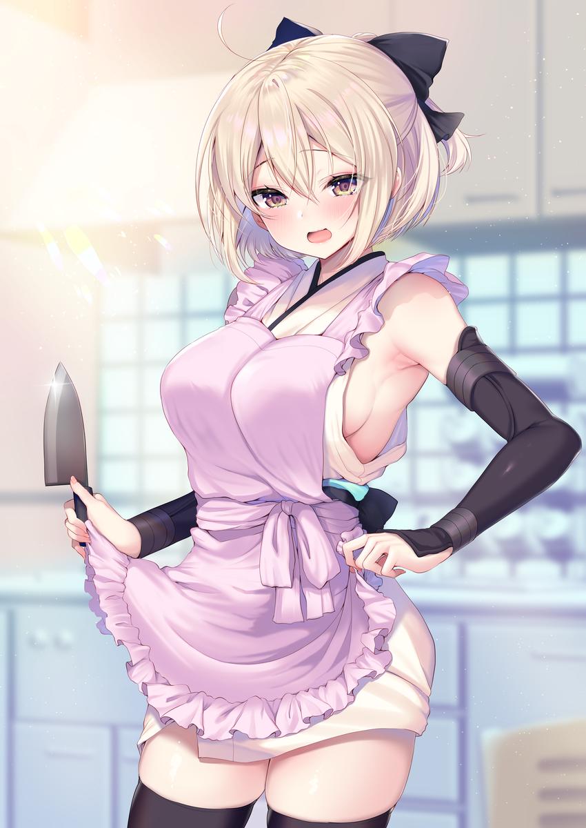 1girl ahoge apron apron_lift armor armpits ayuma_sayu bangs blonde_hair blush bow breasts commentary_request crossed_bangs eyebrows_visible_through_hair fate/grand_order fate_(series) frilled_apron frills glint hair_bow highres holding holding_knife japanese_armor japanese_clothes kimono kitchen kitchen_knife knife koha-ace large_breasts looking_at_viewer obi obiage okita_souji_(fate) okita_souji_(fate)_(all) open_mouth sash short_hair sideboob sidelocks skindentation sleeveless sleeveless_kimono solo thigh-highs yellow_eyes