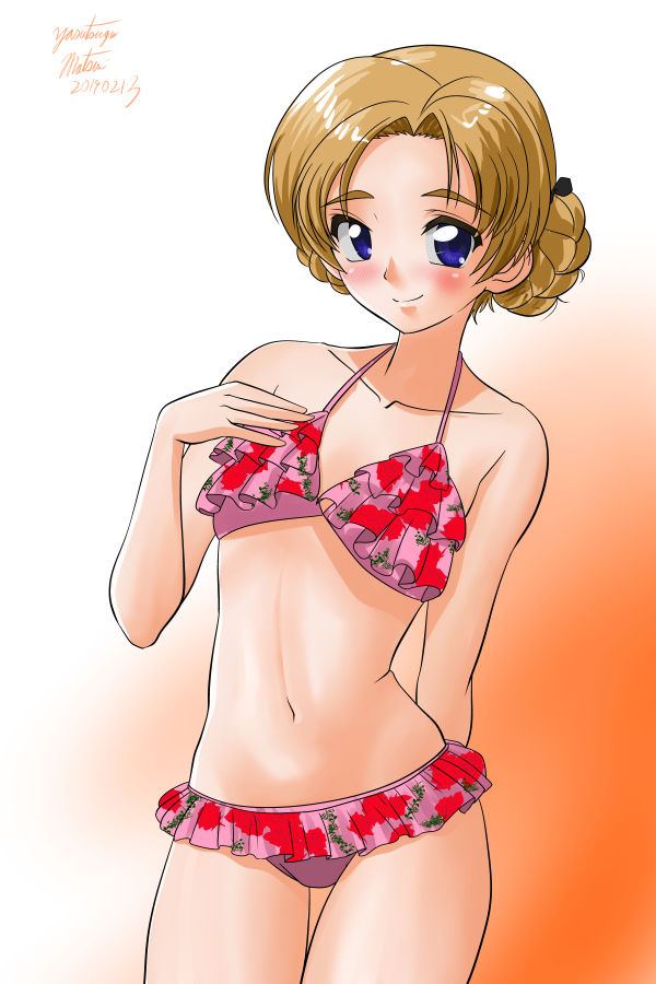 1girl arm_behind_back artist_name bikini black_bow blue_eyes blush bow braid breasts closed_mouth commentary cowboy_shot dated eyebrows_visible_through_hair floral_print frilled_bikini frills girls_und_panzer gradient gradient_background hair_bow hand_on_own_chest leaning_to_the_side looking_at_viewer matsui_yasutsugu navel orange_background orange_hair orange_pekoe pink_bikini print_bikini short_hair signature small_breasts smile solo standing swimsuit thigh_gap thighs tied_hair twin_braids