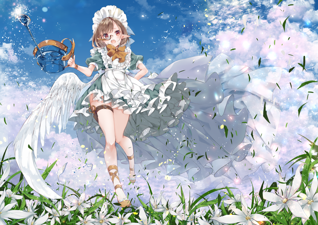 1girl apron belt belt_buckle blue_sky brown_belt brown_footwear brown_hair buckle clouds cloudy_sky commentary_request day dress eyebrows_visible_through_hair feathered_wings field flower flower_field green_dress holding holding_watering_can leg_belt long_hair maid maid_headdress navel open_mouth original outdoors pointy_ears puffy_short_sleeves puffy_sleeves red_eyes round_teeth scissors see-through shoes short_sleeves sky solo teeth umino_mizu upper_teeth waist_apron watering_can white_apron white_flower white_wings wings