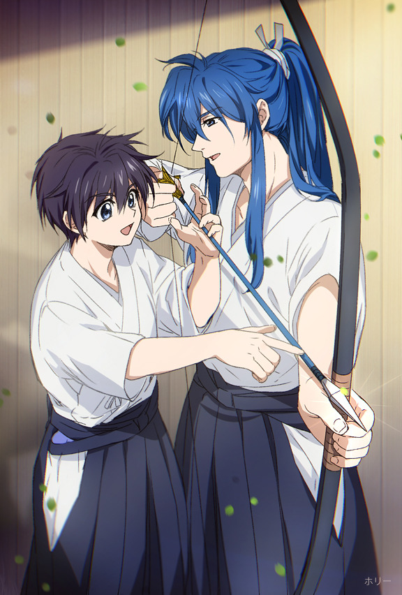 2boys archery arrow artist_name black_hair blue_eyes blue_hair bow_(weapon) commentary cowboy_shot crossover english_commentary eyebrows_visible_through_hair hakama holding holding_bow_(weapon) holding_weapon houshin_engi japanese_clothes kaze-hime kyuudou long_hair looking_at_another male_focus multiple_boys open_mouth ponytail short_sleeves smile standing takigawa_masaki tsurune:_kazemai_koukou_kyuudoubu weapon youzen