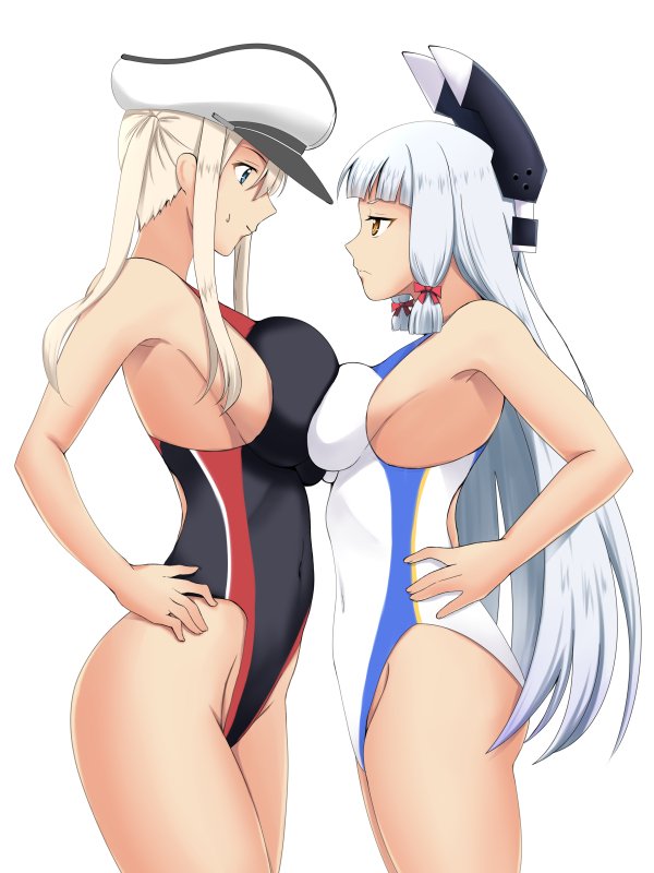 2girls asymmetrical_docking black_swimsuit blonde_hair breast_press breasts commentary_request competition_swimsuit covered_navel cowboy_shot eye_contact fuuma_nagi graf_zeppelin_(kantai_collection) grey_eyes hair_ribbon hands_on_hips hat headgear kantai_collection large_breasts long_hair looking_at_another medium_breasts multiple_girls murakumo_(kantai_collection) one-piece_swimsuit orange_eyes peaked_cap ribbon sidelocks silver_hair swimsuit tress_ribbon twintails white_background white_headwear white_swimsuit