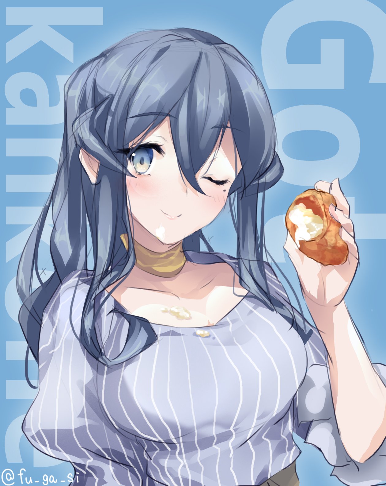 1girl blouse blue_background blue_blouse blue_eyes blue_hair character_name choker commentary_request copyright_name cream_puff food fugafugashi gotland_(kantai_collection) highres hirota_(company) kantai_collection long_hair looking_at_viewer mole mole_under_eye one_eye_closed ponytail sidelocks smile solo striped_blouse twitter_username upper_body yellow_choker