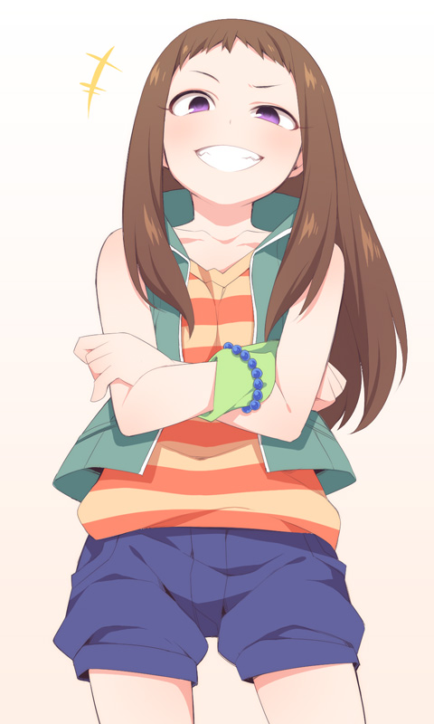 +++ 1girl bare_shoulders blue_shorts blush brown_background brown_hair collarbone cowboy_shot crossed_arms forehead gradient gradient_background green_jacket grin half-closed_eye idolmaster idolmaster_cinderella_girls jacket koseki_reina long_hair open_clothes open_jacket shirt short_shorts shorts sleeveless sleeveless_jacket sleeveless_shirt smile solo striped striped_shirt uneven_eyes ushi very_long_hair violet_eyes white_background